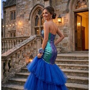 Vtg 80s Iridescent Blue Sequin Mermaid Prom Dress Tulle Gown Whats Up! Carol XS